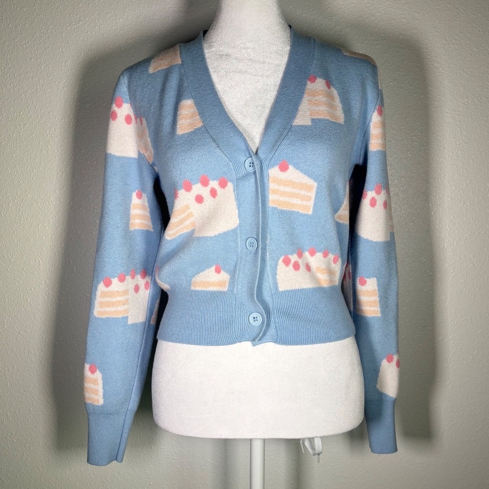 Luna Ivy Blue Pink Cake Slice Strawberry Cardigan Sweater Womens M Cottagecore